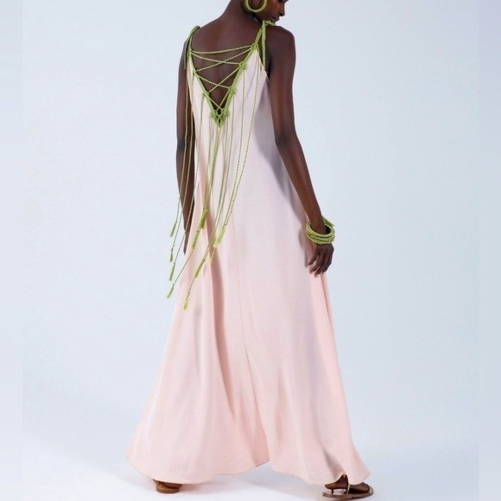 My Beachy Side Monarch Maxi Dress Pink Olive Green Crochet Tassel Resortwear M - Picture 4 of 10